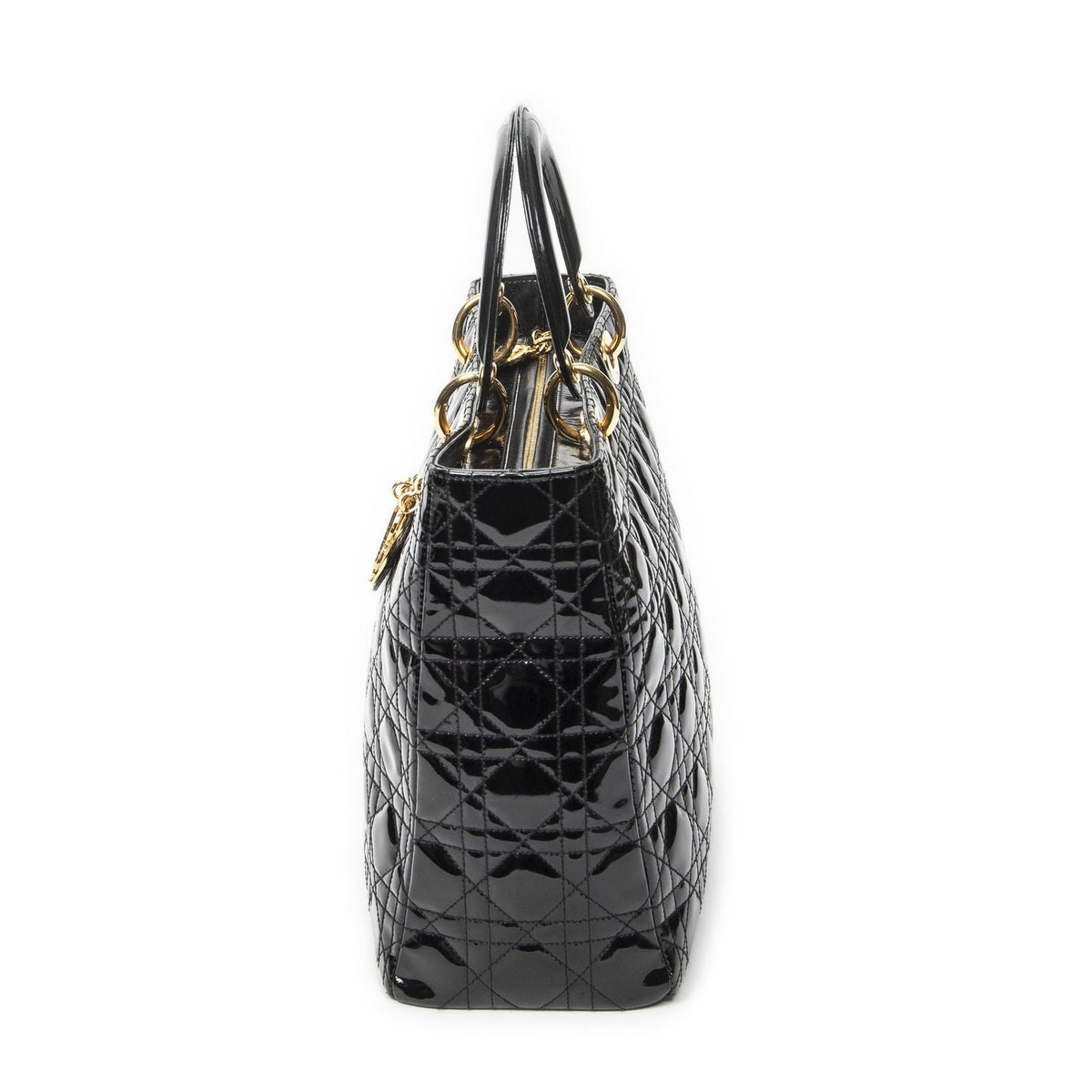 Dior Large Lady Dior Zip Black Cannage Patent Leather Handbag