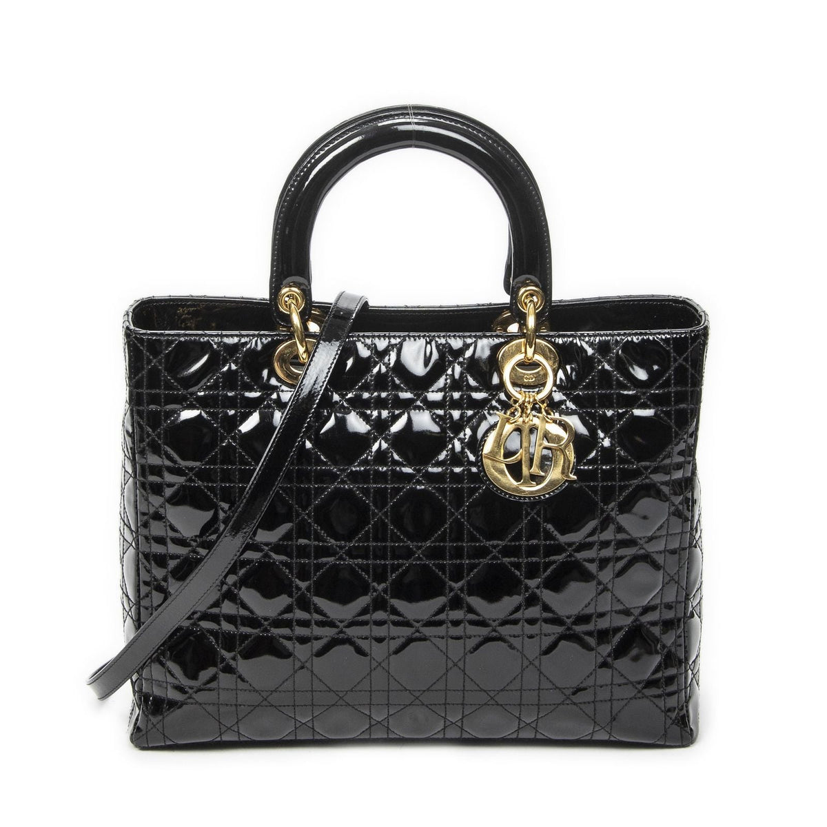 Dior Large Lady Dior Zip Black Cannage Patent Leather Handbag